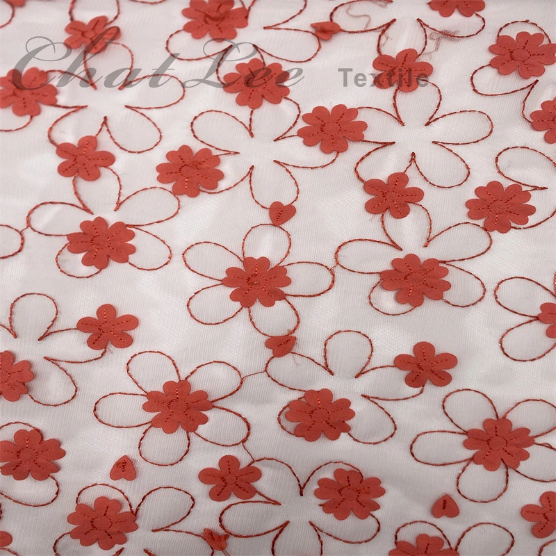 3D Red Plastic Flowers Mesh Embroider Fabric for Garment